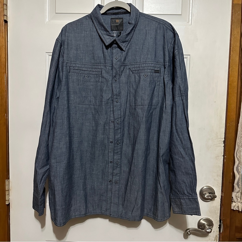 5.11 Tactical Shirts Men's‎ Denim Blue Cotton Chambray Snap Button Down X-Large